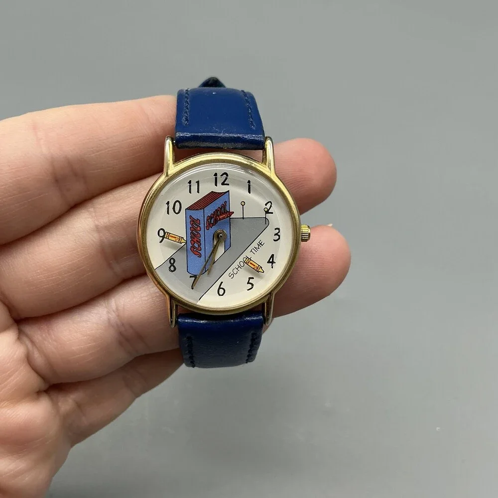 Vintage School Time Womens Watch 28mm Gold Tone Blue Leather Teacher New Battery